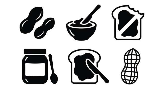 Peanut butter jars bread and peanuts in a black vector illustration