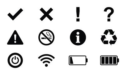 Fototapeta premium Set of 12 Essential Black and White Icons: Checkmark, Cross, Exclamation, Question Mark, Warning, No Smoking, Info, Recycle, Power, Wi-Fi, Battery