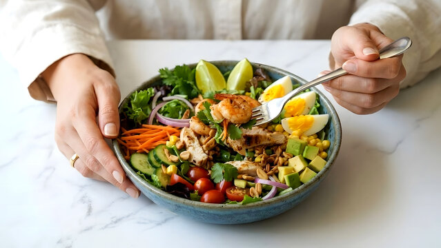 Woman's hands eating a beautifully plated Thai mixed vegetable salad. The salad features a vibrant mix of vegetables, avocado, eggs, grilled chicken, and fresh shrimps,red onions, and corn. 