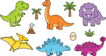 Cute cartoon dinosaur vector characters set featuring tyrannosaurus triceratops stegosaurus pterodactyl and palm trees on white background. © MstJoynobAkhtar