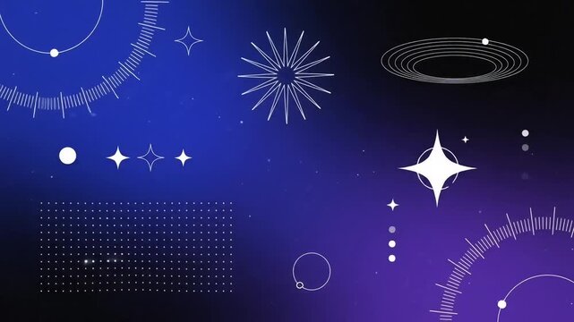 Modern Abstract Cosmic Background with Geometric Stars and Orbit Graphics on Deep Blue Gradient