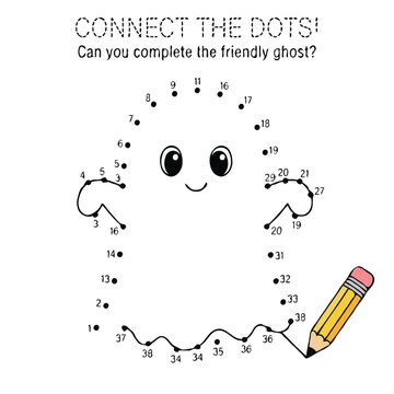 Connect the Dots Educational Worksheet with Cute Friendly Ghost Illustration