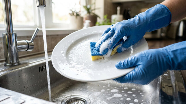Hand in glove washing plate under running water in kitchen sink