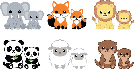 Fototapeta premium Cute cartoon mother and baby animals collection vector illustration set featuring elephant fox lion panda sheep and otter families