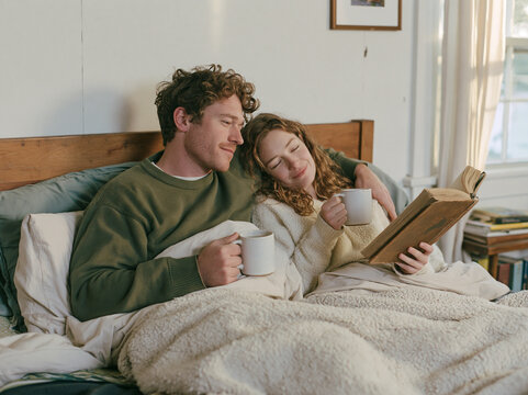Cozy young couple relaxing in bed under a blanket, drinking hot tea from mugs and reading a book together