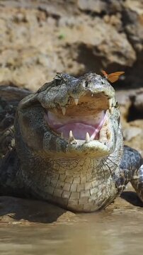 Yacare Caiman Open Mouth Basking with Butterfly Resting on Head