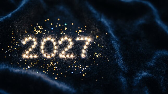 Glowing 2027 Year Number with Golden Glitter on Blue Velvet Background
