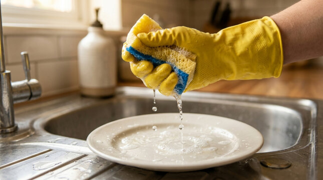 Hand in yellow glove washing plate with sponge in kitchen sink