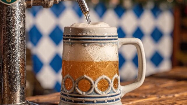 Pouring fresh draft beer from tap into patterned stoneware mug at pub