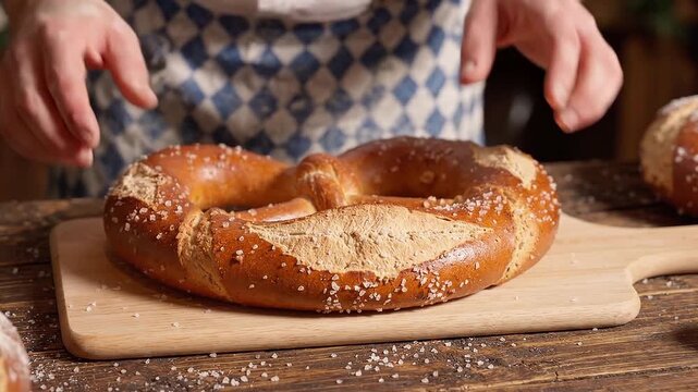 Baker placing fresh salted pretzel on wooden board in German bakery