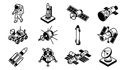 Collection of Isometric Space Exploration Icons and Symbols. © huda