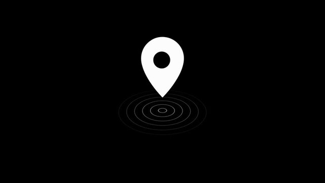 GPS location pointer icon with radio wave, glowing location pin animated ripple on black background.