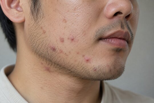 Adult acne along the jawline and beard area of an Asian man