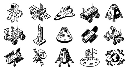 Collection of Space Exploration Icons and Astronaut Equipment. © huda