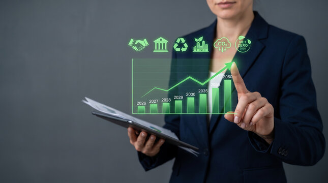 Carbon emission chart shows businesswoman presenting green sustainability. green renewable energy sustainability. future management responsibility, graph report statistic analysis monitoring