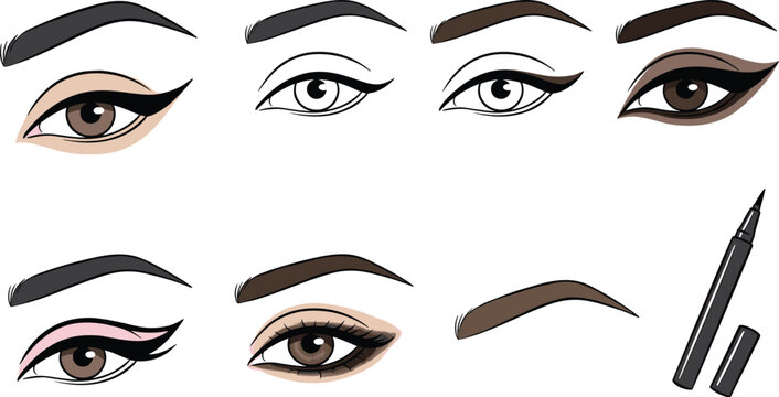 Eyeliner makeup tutorial vector icons set featuring different winged eye liner shapes eyeshadow eyebrows and cosmetic pen.