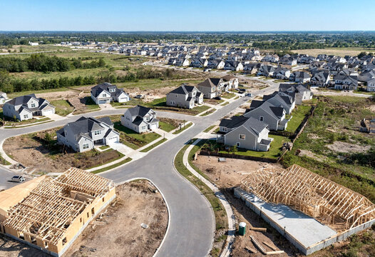 Aerial view of a suburban neighborhood with new houses under construction and paved roads