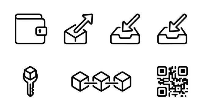 Blockchain technology vector icon set, cryptocurrency wallet and digital transaction symbols, QR code