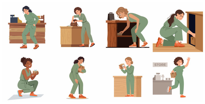 Collection of diverse women shoplifting and working in a retail store flat vector illustration