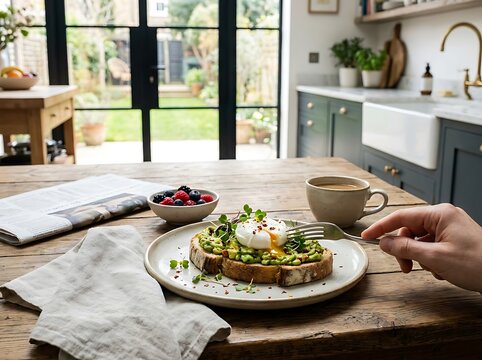 Breakfast serving of avocado toast with poached egg on wooden dining table.