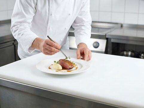 Professional chef plating gourmet duck breast dish with tweezers in commercial kitchen.