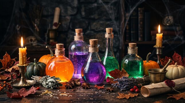 Glowing halloween magic potions and mystical alchemy jars on table