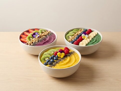 Three colorful smoothie bowls with fruits chia seeds and edible flowers.