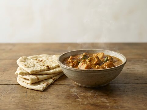 Bowl of spicy indian curry with warm naan bread on wooden background.