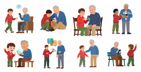 Fototapeta premium Grandson teaching his grandfather how to use a smartphone, digital literacy and technology education for seniors set of vector illustrations