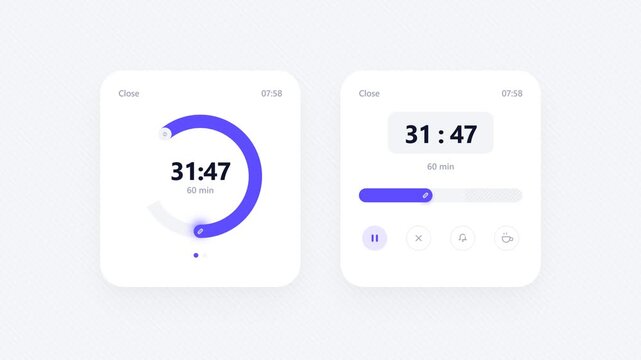 Digital timer interface design with circle progress bar and modern minimalist UI layout