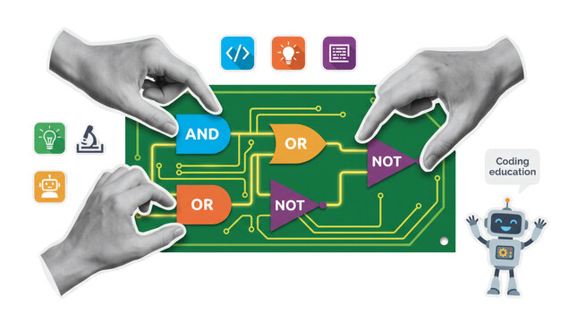 Grayscale hands arranging colorful Boolean logic blocks on a green circuit board beside coding icons and a small robot, illustrating programming education, isolated on a transparent background.