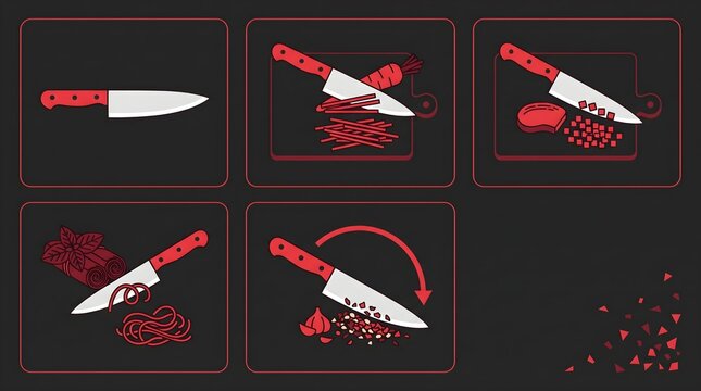 Minimalist kitchen knife skills infographic set, red chef knife cutting vegetables icons, culinary preparation techniques on dark background