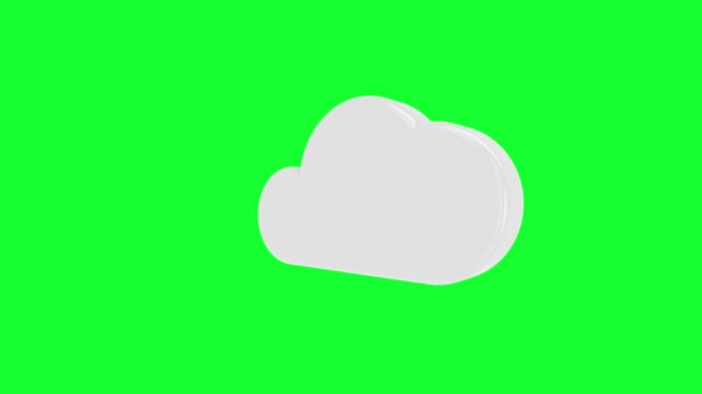 White 3d cloud icon with blue upload arrow rotating and spinning on green screen background