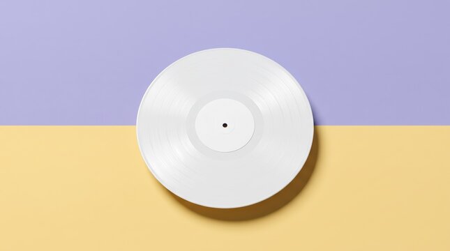 White vinyl record centered on split purple and yellow pastel background, minimalist music album cover mockup template, retro audio disc flat lay composition