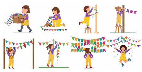 Fototapeta premium Cute Little Girls Decorating with Colorful Bunting Flags for a Party Celebration Vector Illustration Set