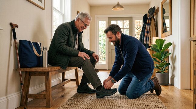 Adult son helping father choose comfortable walking shoes before a walk, showing mobility support, family care, active aging, trust and practical independence at home together.
