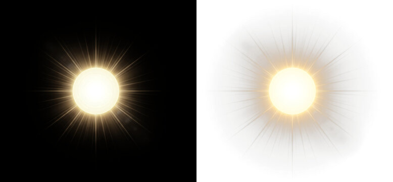 Glowing golden sun or star with lens flare effect isolated on transparent background