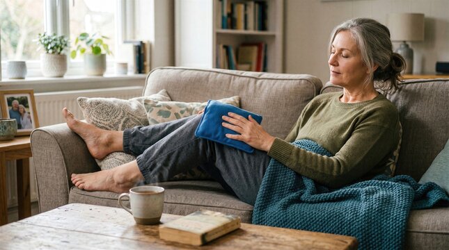 Mature adult using a warm compress on a painful knee while resting at home, showing soothing arthritis relief, joint comfort, self-care and calm symptom management.