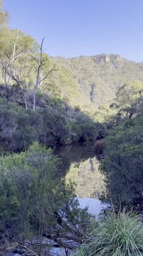 A beautiful panoramic view overlooking the meandering river below, along the Werribee Gorge Circuit Walk, near Melbourne, Victoria, Australia.