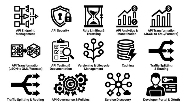 Set of api management and software development lifecycle icons with software development management lifecycle technology interface security analytics monetization transformation governance