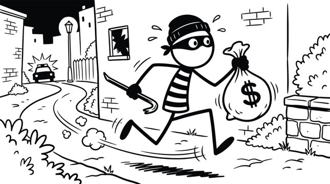 Cartoon robber running with money bag at night