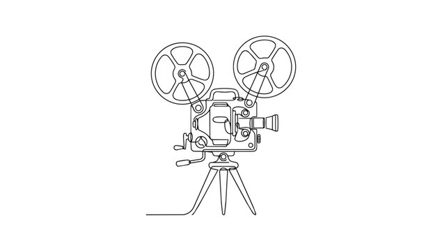 Vintage cinematic film projector securely mounted on tripod beautifully captured in minimalist doodle art