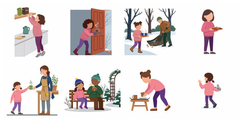 Fototapeta premium Set of illustrations featuring a kind little girl helping family and friends with warm drinks and food during winter