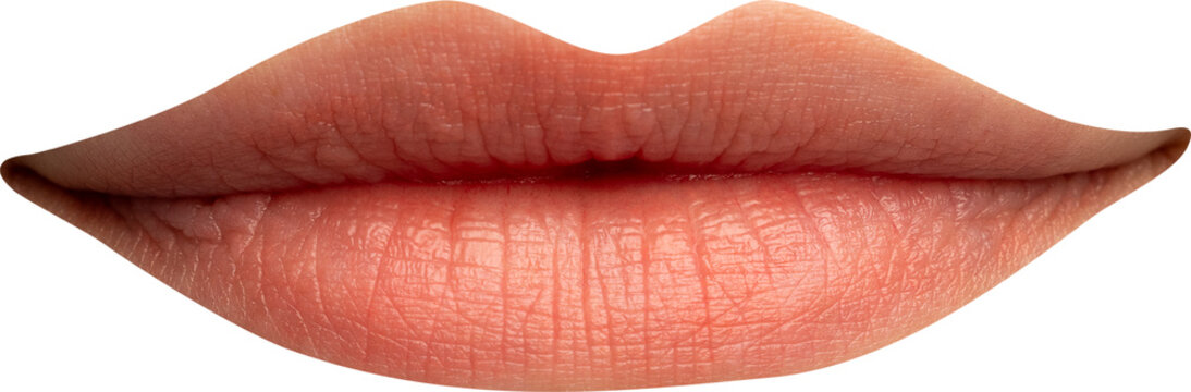 Natural nude lips gently closed in horizontal shape on transparent background. Concept of lip care, skincare, cosmetics and beauty design.
