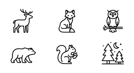 Fototapeta premium Forest Animals Icons Set, Woodland Creatures Vector Collection, Nature Wildlife Graphics