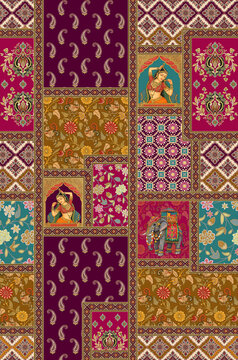 Seamless royal Indian patchwork pattern featuring royal portraits, ornate elephants, paisley motifs, and bandhani grids in rich magenta, deep purple, and gold tones.