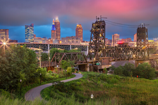 Cleveland, Ohio, USA. Cityscape image of Cleveland, Ohio at dramatic summer sunrise.	
