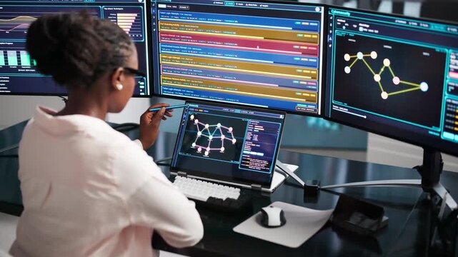 Cybersecurity Analyst Carefully Monitors Laptop