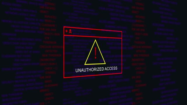 Cyber security alert warning unauthorized access pop-up window displaying critical system error message with red skull and yellow warning triangle symbol on a dark digital background, of code data