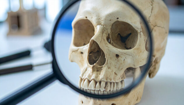 Human skull with magnifying glass, forensic anthropology investigation concept. Close-up.
